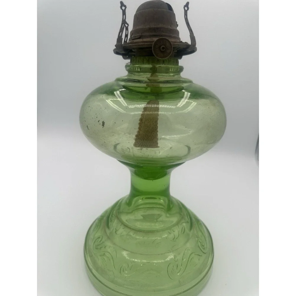 Antique Uranium Glass Depression Glass Oil Lamp W/Wedding Scroll Pattern 20